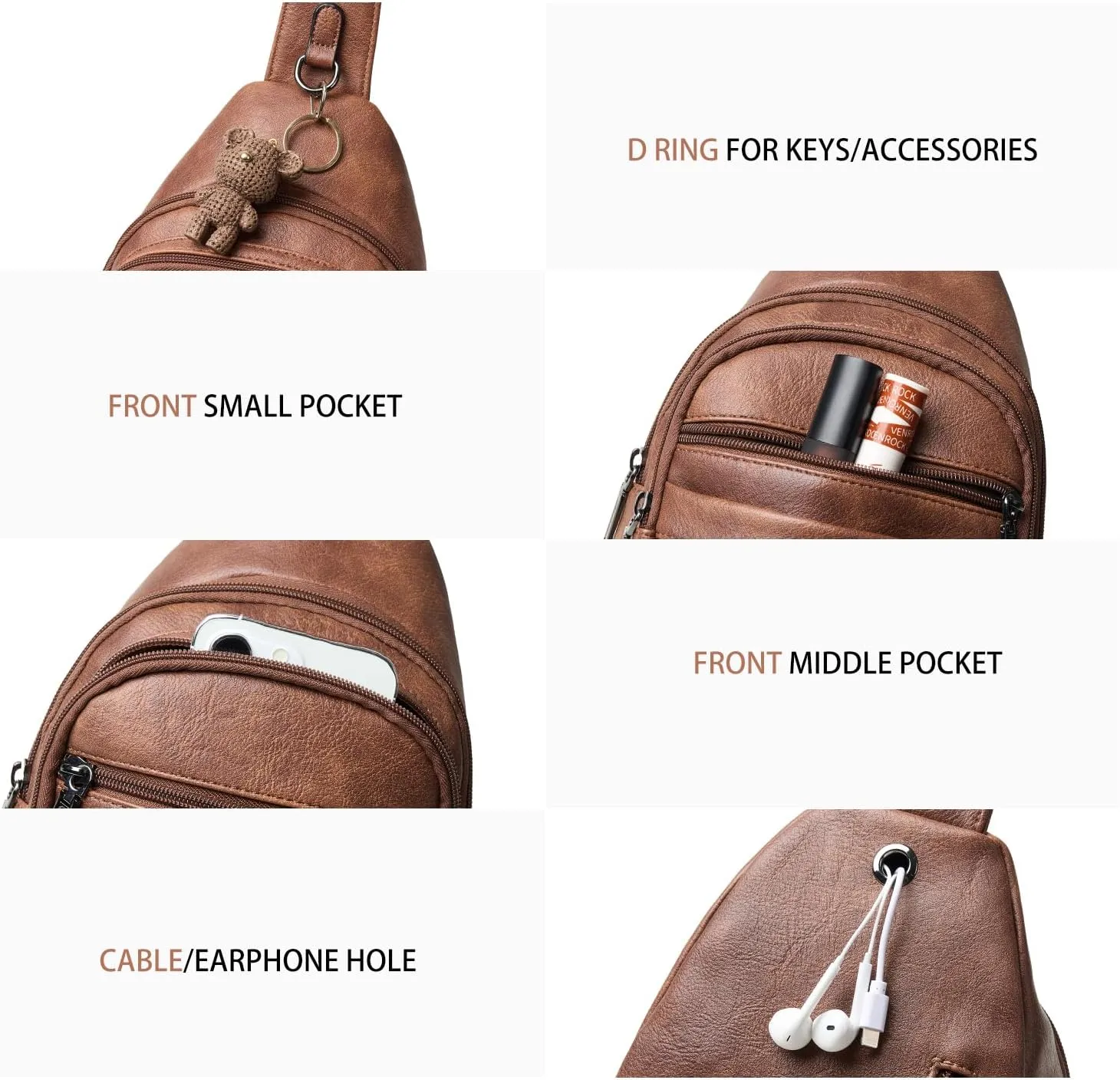 Sling Bag for Women Crossbody Bags Fanny Packs Over Shoulder Bag Sling Purse Backpack Vegan Leather Travel Brown