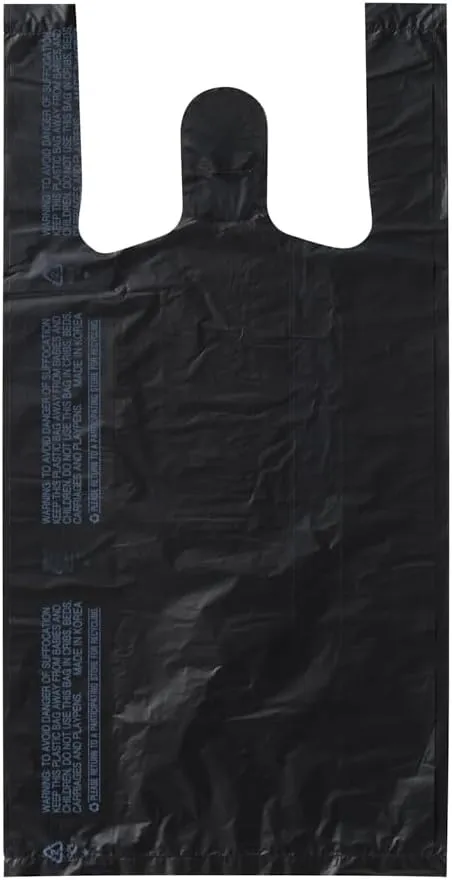 Small Black (800 Count) Plastic Embossed T-Shirt Bags, 8" X 4" X 16", 14 mic (0.55 Mil), Retail Plastic, Bulk, Black Plain, T-Shirt, Desk Trash, Grocery Bags with Handles, Made in Korea