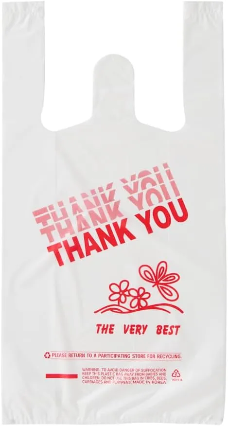 Small Thank You T-Shirt Bags, 800 Count, 8" X 4" X 16", 14 mic (0.55 Mil), (Thank You), Retail Plastic, Bulk, Thank You, T-Shirt, Desk Trash, Grocery Bags with Handles, Made in Korea