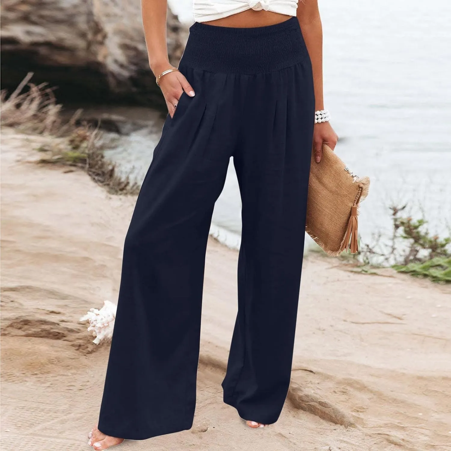 SMIDOW Women's Wide Leg Pants Elastic High Waisted Cotton Linen Long Lounge Pants Business Casual Work Trousers
