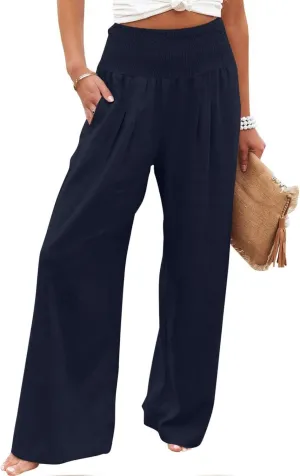 SMIDOW Women's Wide Leg Pants Elastic High Waisted Cotton Linen Long Lounge Pants Business Casual Work Trousers