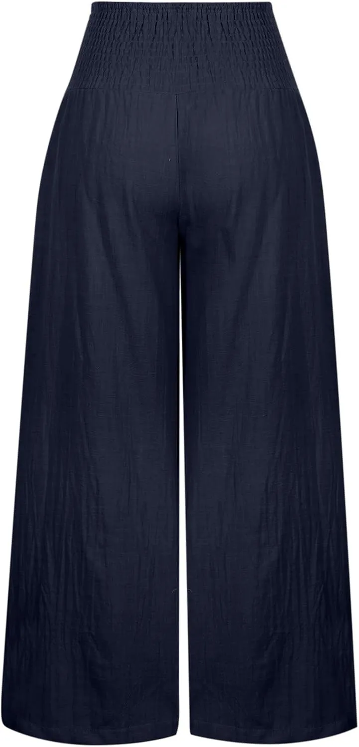 SMIDOW Women's Wide Leg Pants Elastic High Waisted Cotton Linen Long Lounge Pants Business Casual Work Trousers