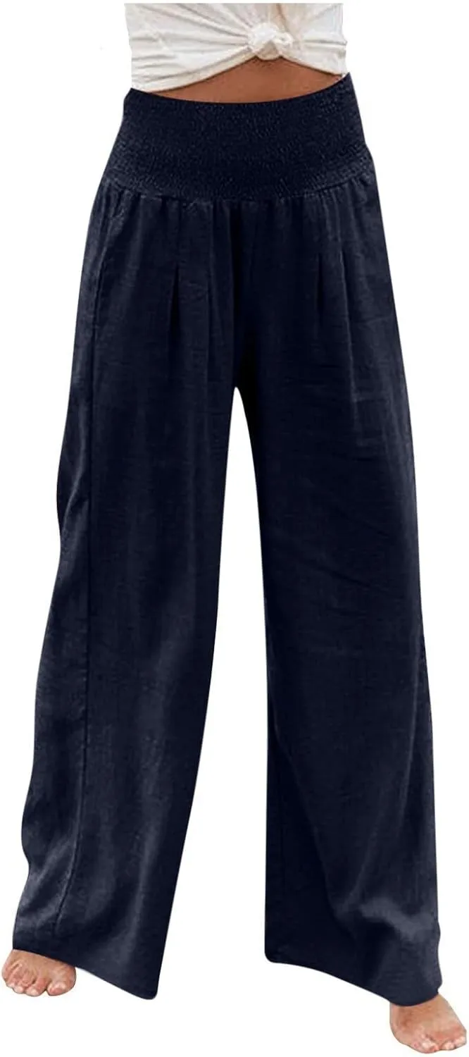 SMIDOW Women's Wide Leg Pants Elastic High Waisted Cotton Linen Long Lounge Pants Business Casual Work Trousers