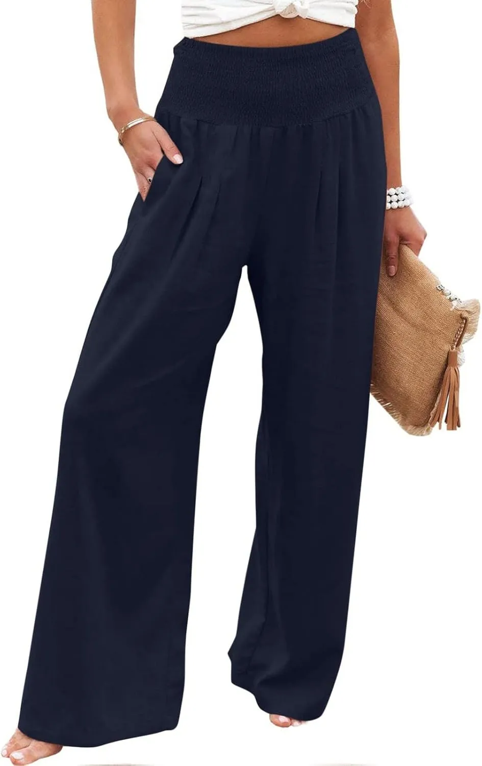 SMIDOW Women's Wide Leg Pants Elastic High Waisted Cotton Linen Long Lounge Pants Business Casual Work Trousers
