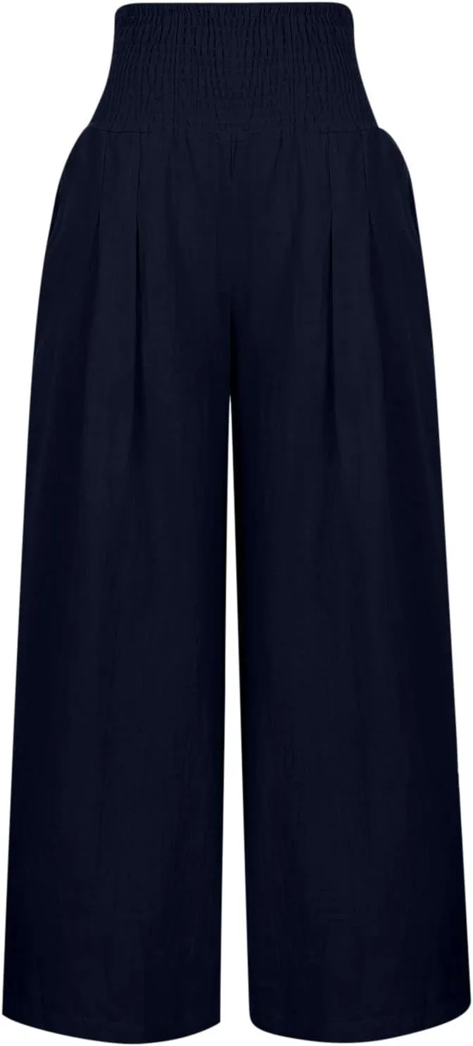SMIDOW Women's Wide Leg Pants Elastic High Waisted Cotton Linen Long Lounge Pants Business Casual Work Trousers