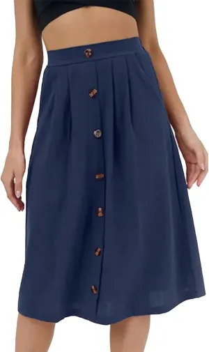 SOMTHRON Women's A Line Midi Skirt Casual High Elastic Waist Front Button Flared Solid Color Pleated Skirt with Pockets