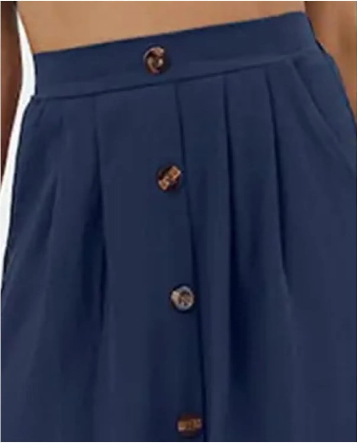 SOMTHRON Women's A Line Midi Skirt Casual High Elastic Waist Front Button Flared Solid Color Pleated Skirt with Pockets