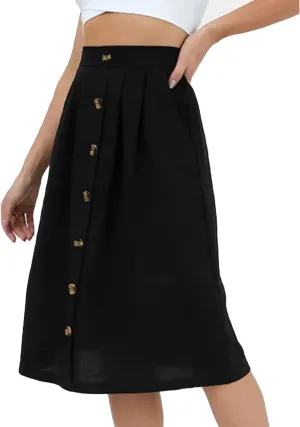 SOMTHRON Women's A Line Midi Skirt Casual High Elastic Waist Front Button Flared Solid Color Pleated Skirt with Pockets