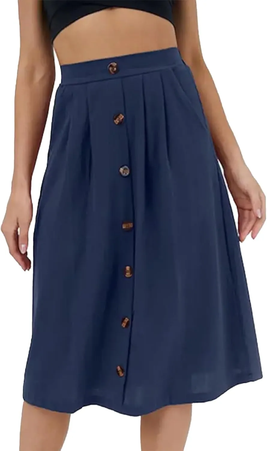 SOMTHRON Women's A Line Midi Skirt Casual High Elastic Waist Front Button Flared Solid Color Pleated Skirt with Pockets