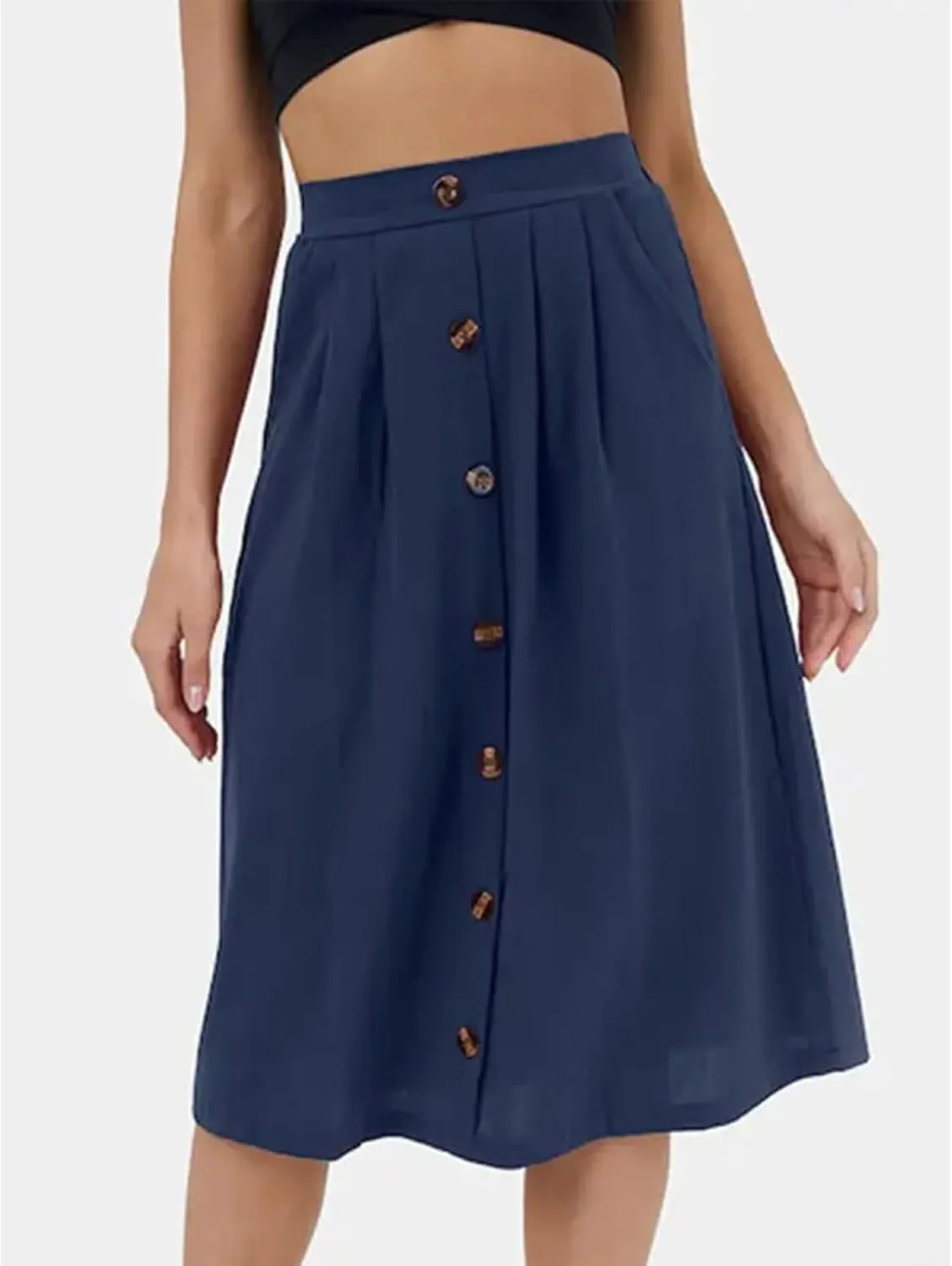 SOMTHRON Women's A Line Midi Skirt Casual High Elastic Waist Front Button Flared Solid Color Pleated Skirt with Pockets