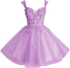 Sparkly Homecoming Dress Lace Appliques Short Prom Dress for Evening Party 3D Butterfly Cocktail Dress RA06
