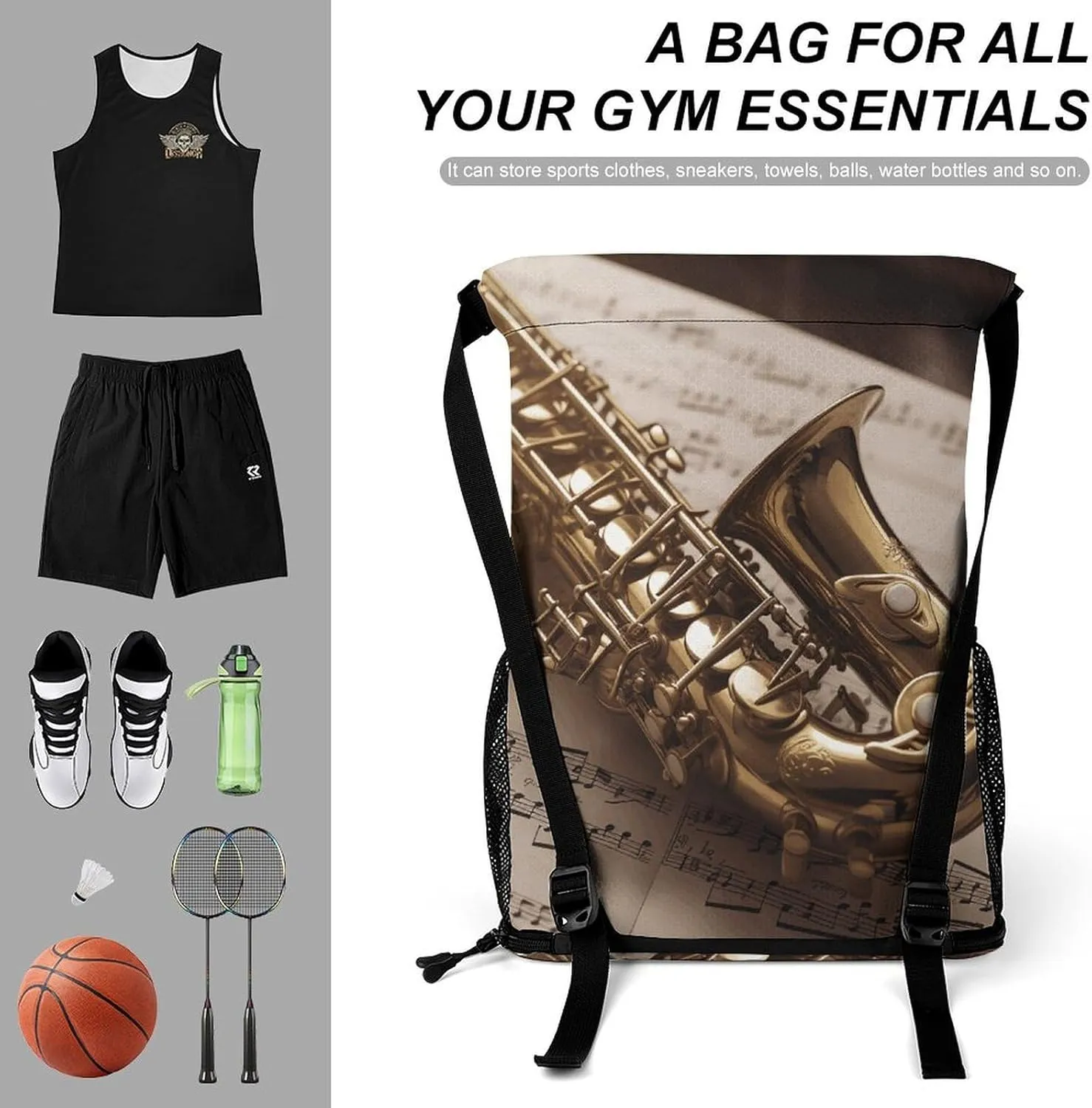 Sports Drawstring Backpack Lightweight Small Gym Bag Saxophone on Sheet Music Gym Sackpack for Women Men