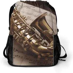 Sports Drawstring Backpack Lightweight Small Gym Bag Saxophone on Sheet Music Gym Sackpack for Women Men