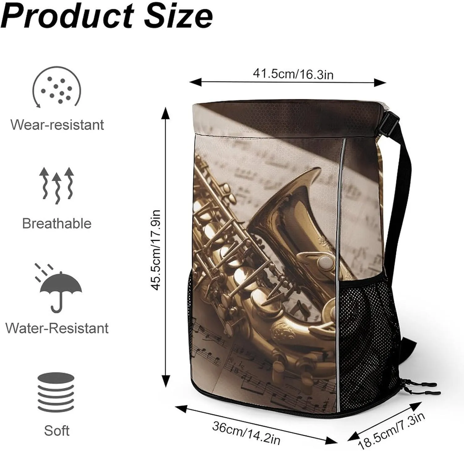 Sports Drawstring Backpack Lightweight Small Gym Bag Saxophone on Sheet Music Gym Sackpack for Women Men