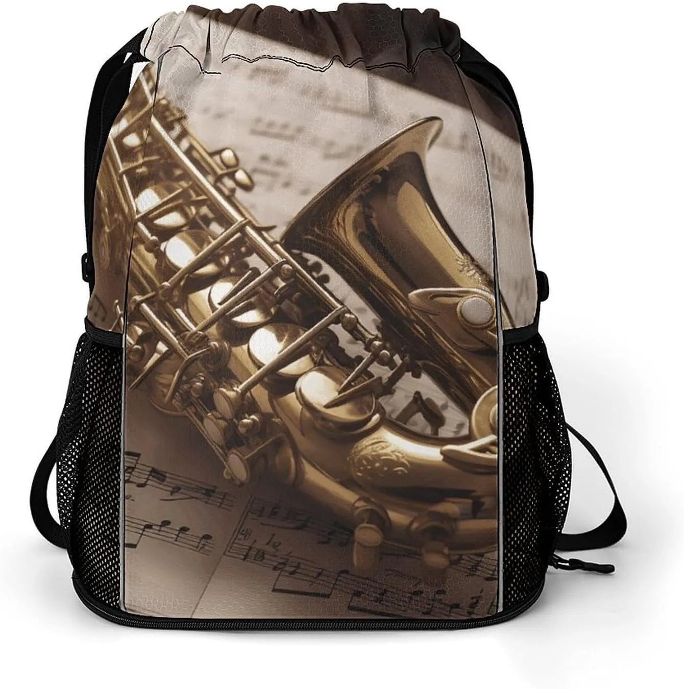 Sports Drawstring Backpack Lightweight Small Gym Bag Saxophone on Sheet Music Gym Sackpack for Women Men