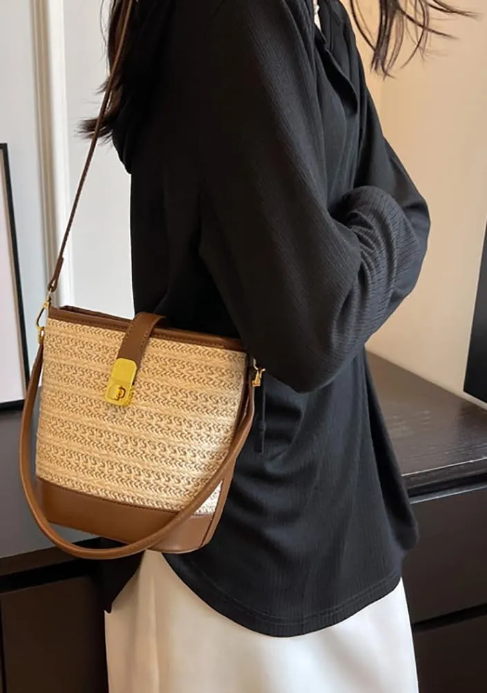 Straw Beach Bags For Women Rattan Purses Straw Bucket Bag Cross-body Handwoven Raffia Handbag Purse Shoulder Bag