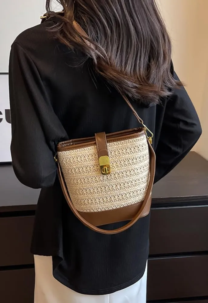 Straw Beach Bags For Women Rattan Purses Straw Bucket Bag Cross-body Handwoven Raffia Handbag Purse Shoulder Bag