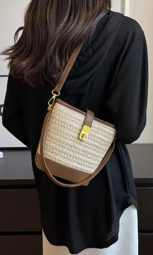 Straw Beach Bags For Women Rattan Purses Straw Bucket Bag Cross-body Handwoven Raffia Handbag Purse Shoulder Bag