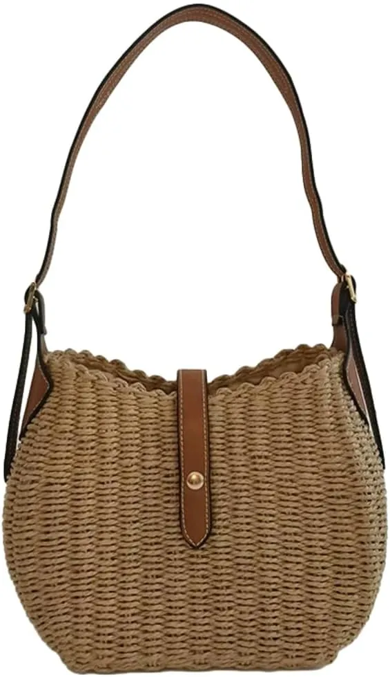 Straw Beach Bags For Women Rattan Shoulder Purse Womens Summer Straw Bucket Bag Woven Raffia Handbag 2025