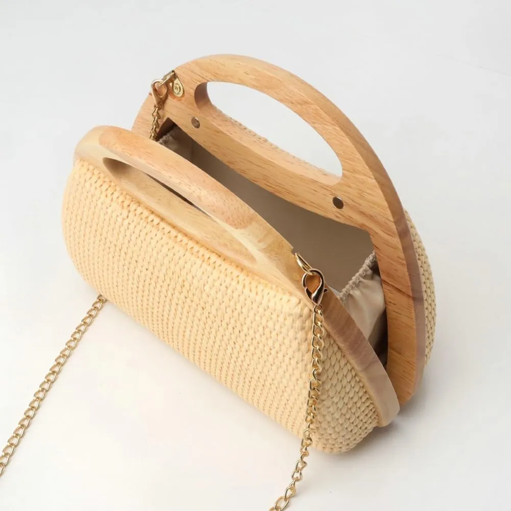 Straw Clutch Bag Beach Bags For Women Rattan Purses Handbags Evening Bag Summer Straw Crossbody Bag Purse Wooden Top-Handle