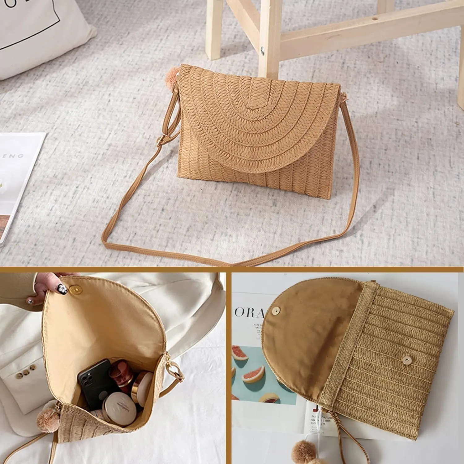 Straw Shoulder Bag Woven Tote Crossbody Clutch Handmade Rattan Bag Beach Handbag Purse Bags with Tassel for Women
