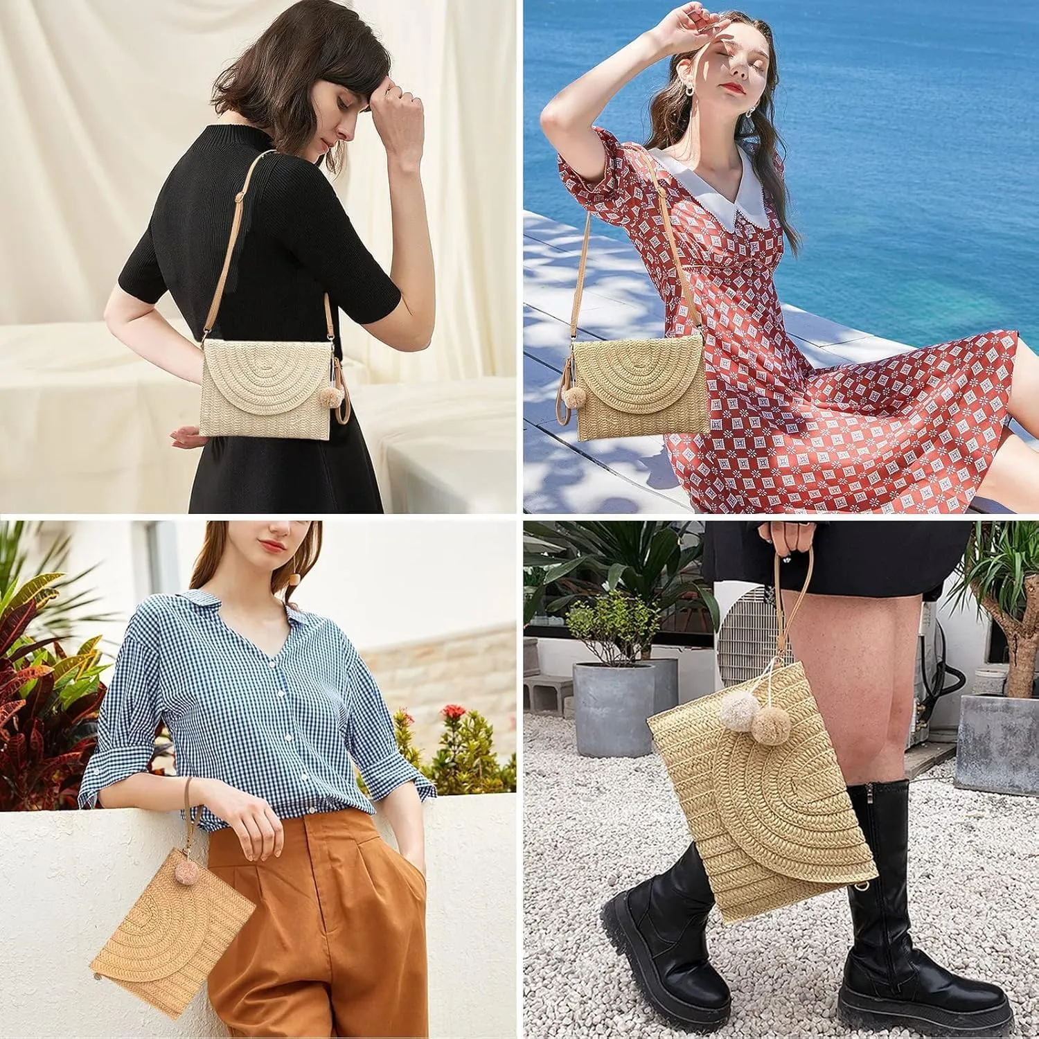 Straw Shoulder Bag Woven Tote Crossbody Clutch Handmade Rattan Bag Beach Handbag Purse Bags with Tassel for Women