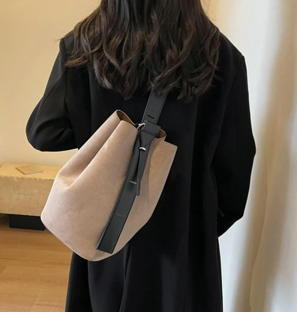 Suede Hobo Bags, Vegan Leather Shoulder Bag for Women Bucket Tote Fashion Designer Purse Handbag