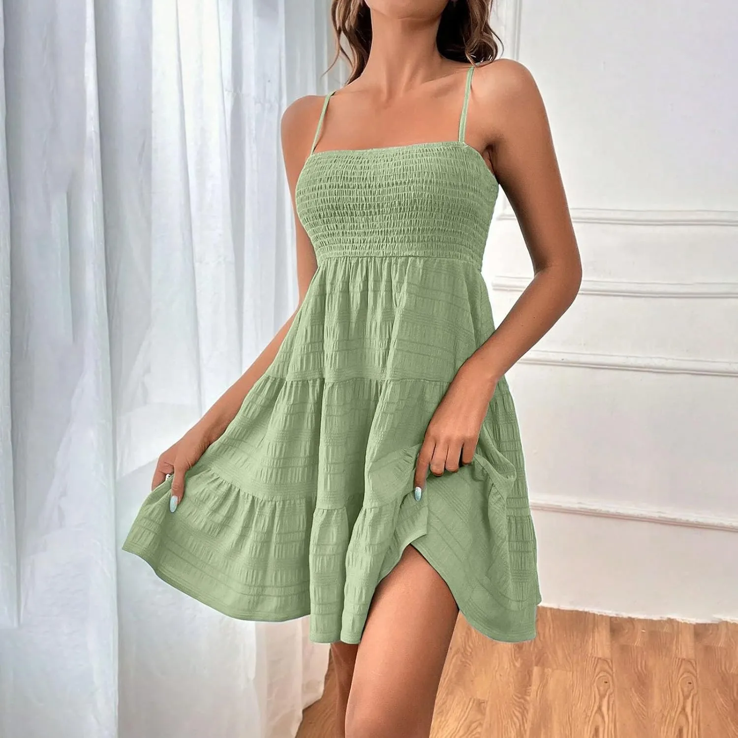 Summer Dresses for Women 2025 Cute Square Neck Spaghetti Strap Mini Dress Casual Pleated Flowy A Line Beach Sundress