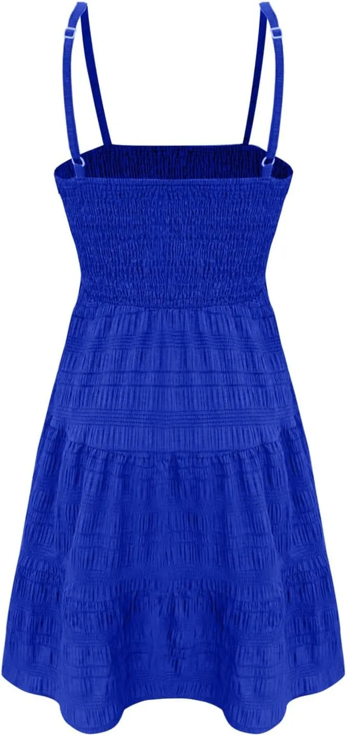 Summer Dresses for Women 2025 Square Neck Spaghetti Strap Dress Casual Sleeveless Smocked A Line Tiered Beach Sundresses