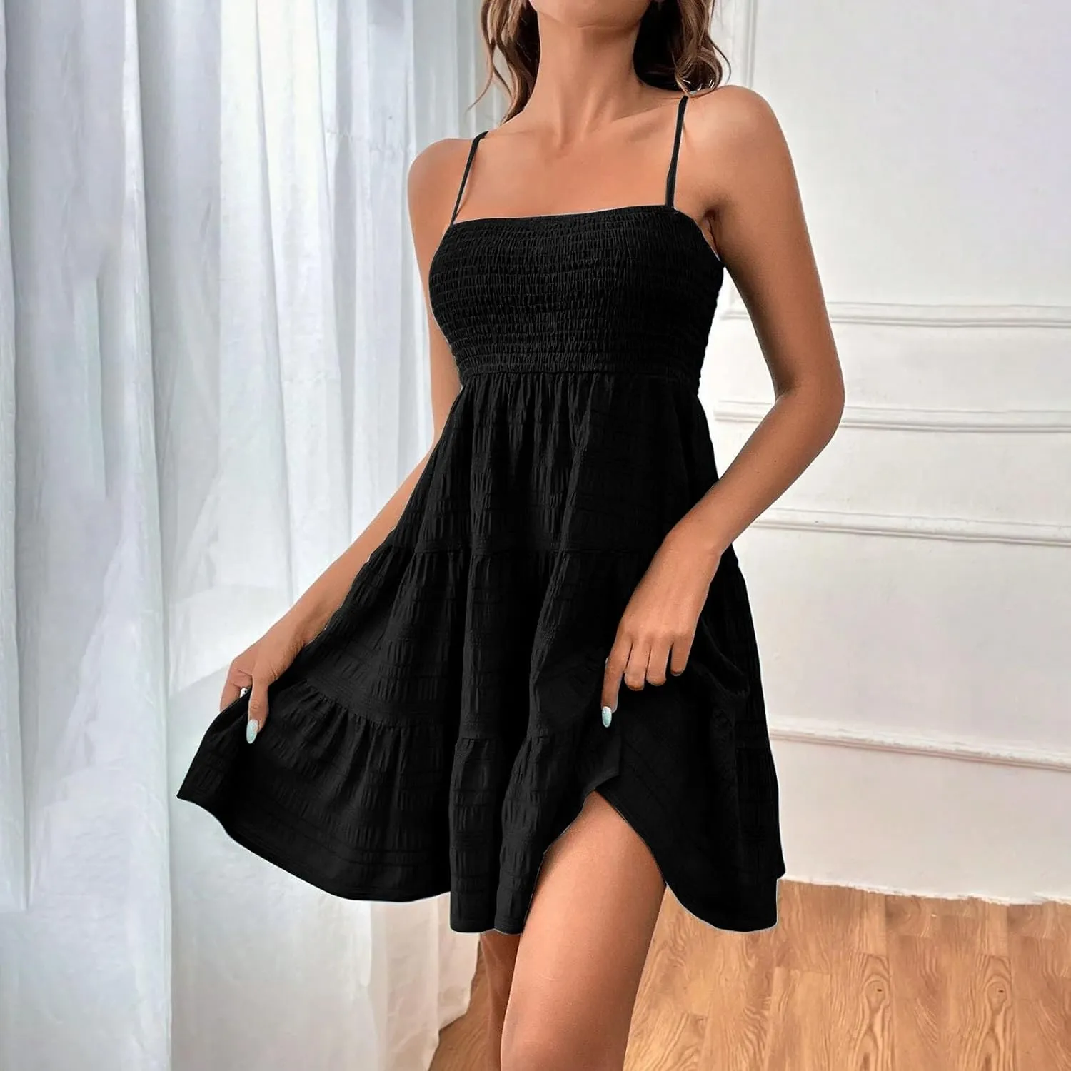 Summer Dresses for Women 2025 Square Neck Spaghetti Strap Dress Casual Sleeveless Smocked A Line Tiered Beach Sundresses