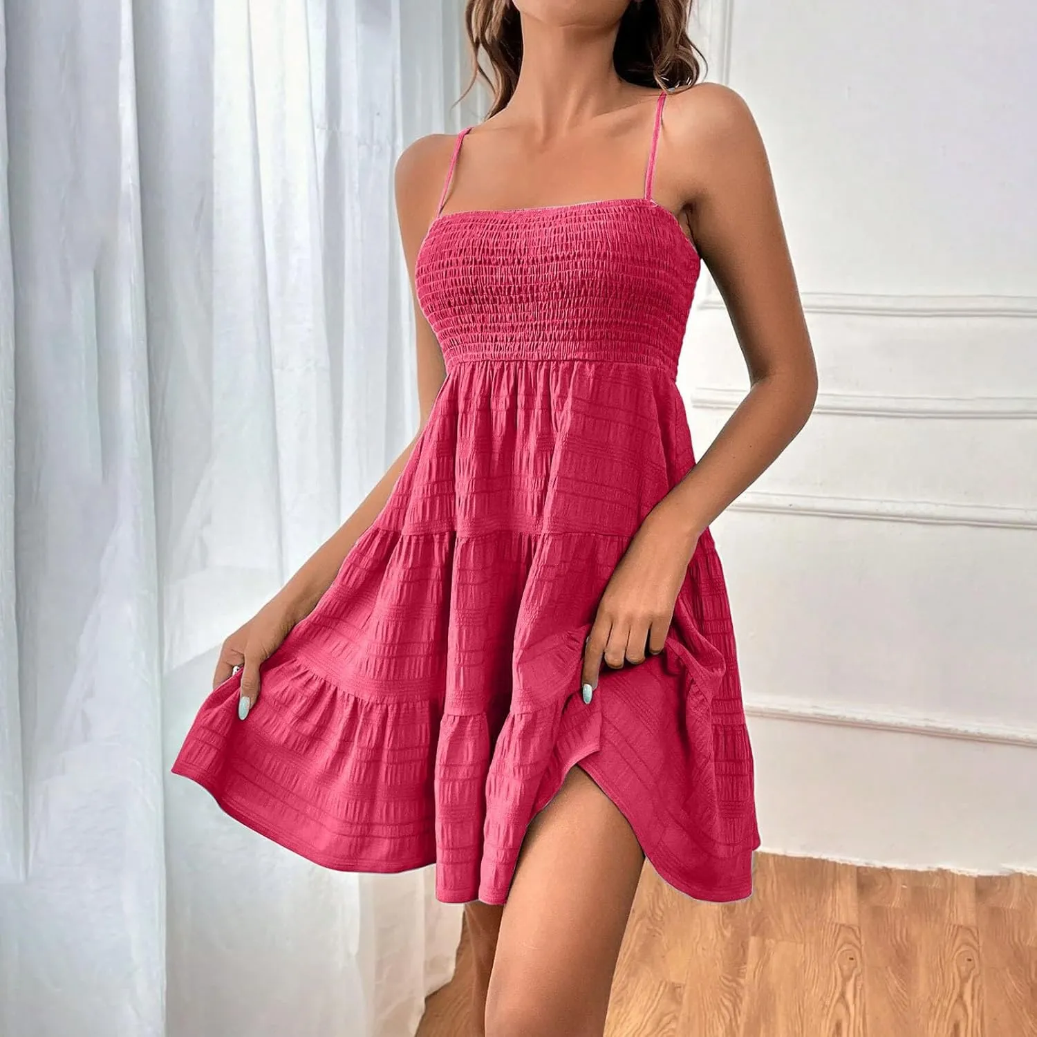 Summer Dresses for Women 2025 Square Neck Spaghetti Strap Dress Casual Sleeveless Smocked A Line Tiered Beach Sundresses