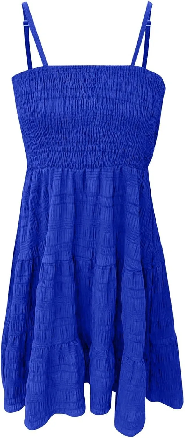 Summer Dresses for Women 2025 Square Neck Spaghetti Strap Dress Casual Sleeveless Smocked A Line Tiered Beach Sundresses