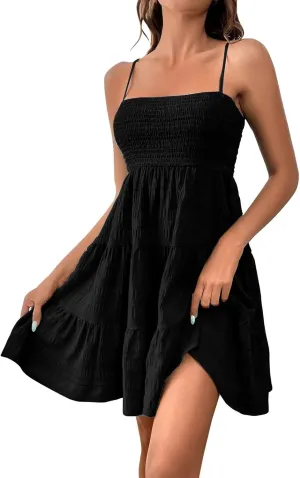 Summer Dresses for Women 2025 Square Neck Spaghetti Strap Dress Casual Sleeveless Smocked A Line Tiered Beach Sundresses