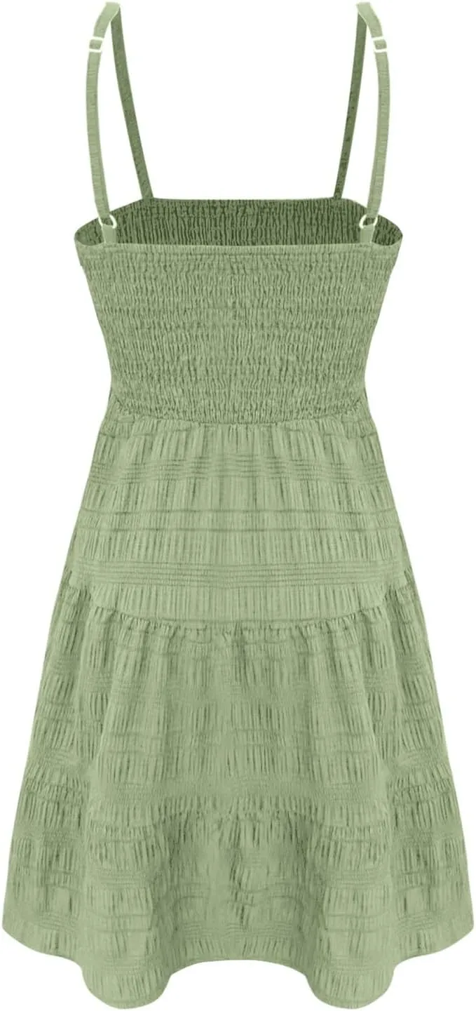Summer Dresses for Women 2025 Square Neck Spaghetti Strap Dress Casual Sleeveless Smocked A Line Tiered Beach Sundresses