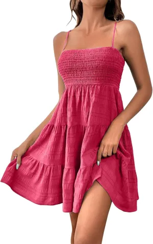 Summer Dresses for Women 2025 Square Neck Spaghetti Strap Dress Casual Sleeveless Smocked A Line Tiered Beach Sundresses