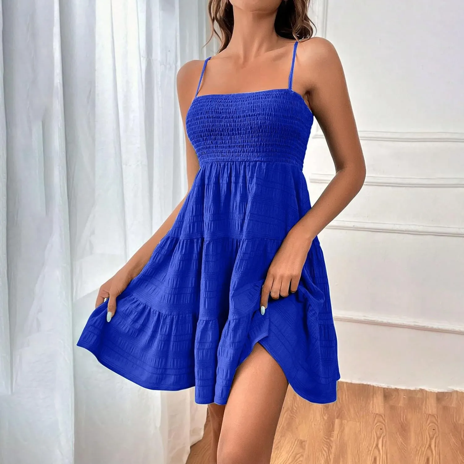 Summer Dresses for Women 2025 Square Neck Spaghetti Strap Dress Casual Sleeveless Smocked A Line Tiered Beach Sundresses