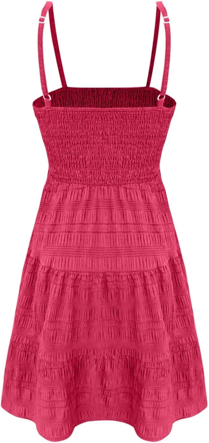Summer Dresses for Women 2025 Square Neck Spaghetti Strap Dress Casual Sleeveless Smocked A Line Tiered Beach Sundresses