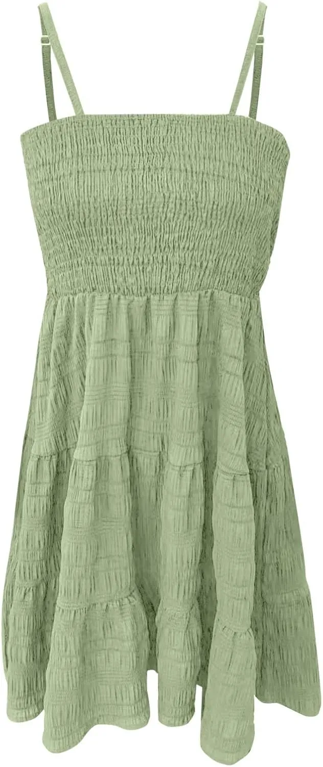 Summer Dresses for Women 2025 Square Neck Spaghetti Strap Dress Casual Sleeveless Smocked A Line Tiered Beach Sundresses