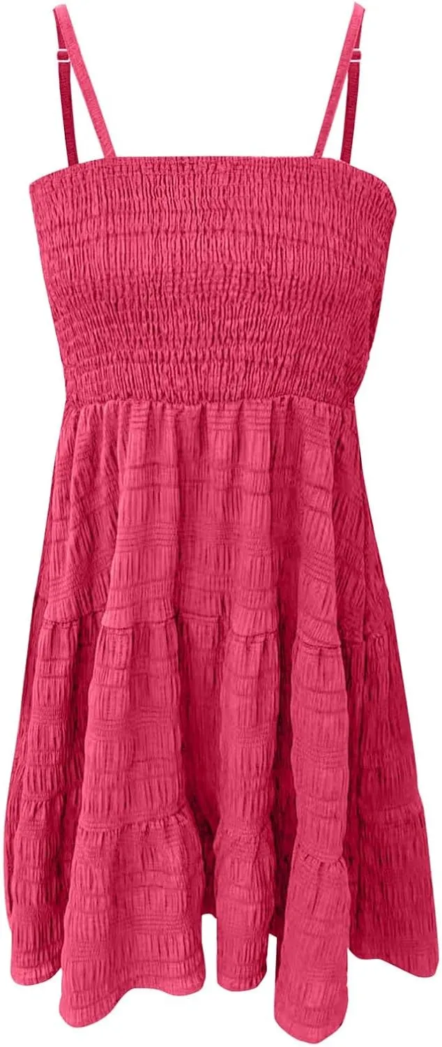 Summer Dresses for Women 2025 Square Neck Spaghetti Strap Dress Casual Sleeveless Smocked A Line Tiered Beach Sundresses