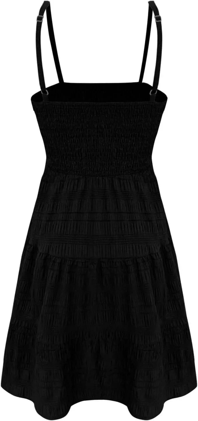 Summer Dresses for Women 2025 Square Neck Spaghetti Strap Dress Casual Sleeveless Smocked A Line Tiered Beach Sundresses