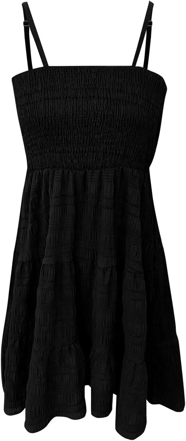 Summer Dresses for Women 2025 Square Neck Spaghetti Strap Dress Casual Sleeveless Smocked A Line Tiered Beach Sundresses