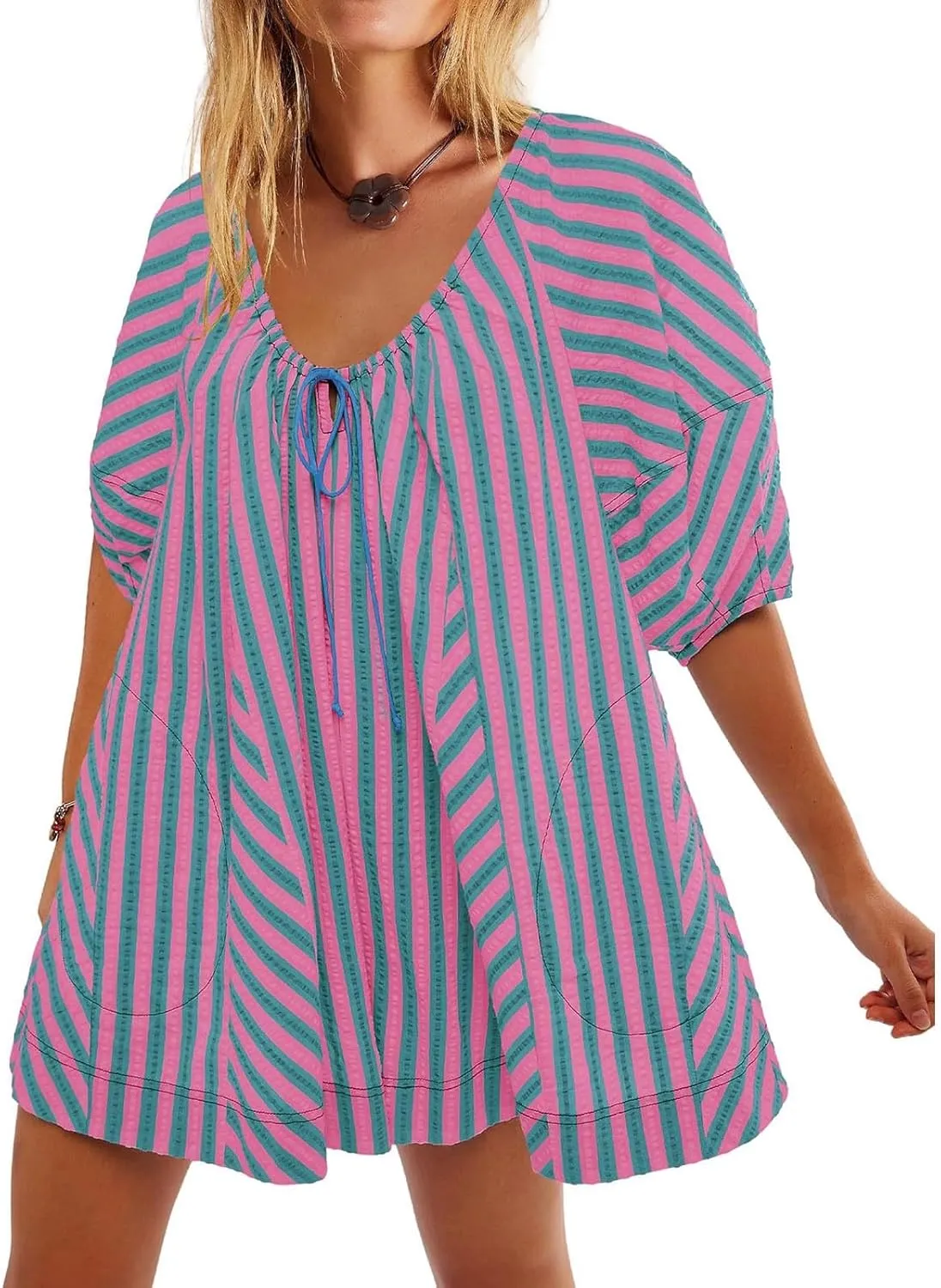 Sun Dresses for Women 2024 Casual Stripes Print Oversized Babydoll Mini Dress Short Sleeve V-Neck Lace Up Sundresses