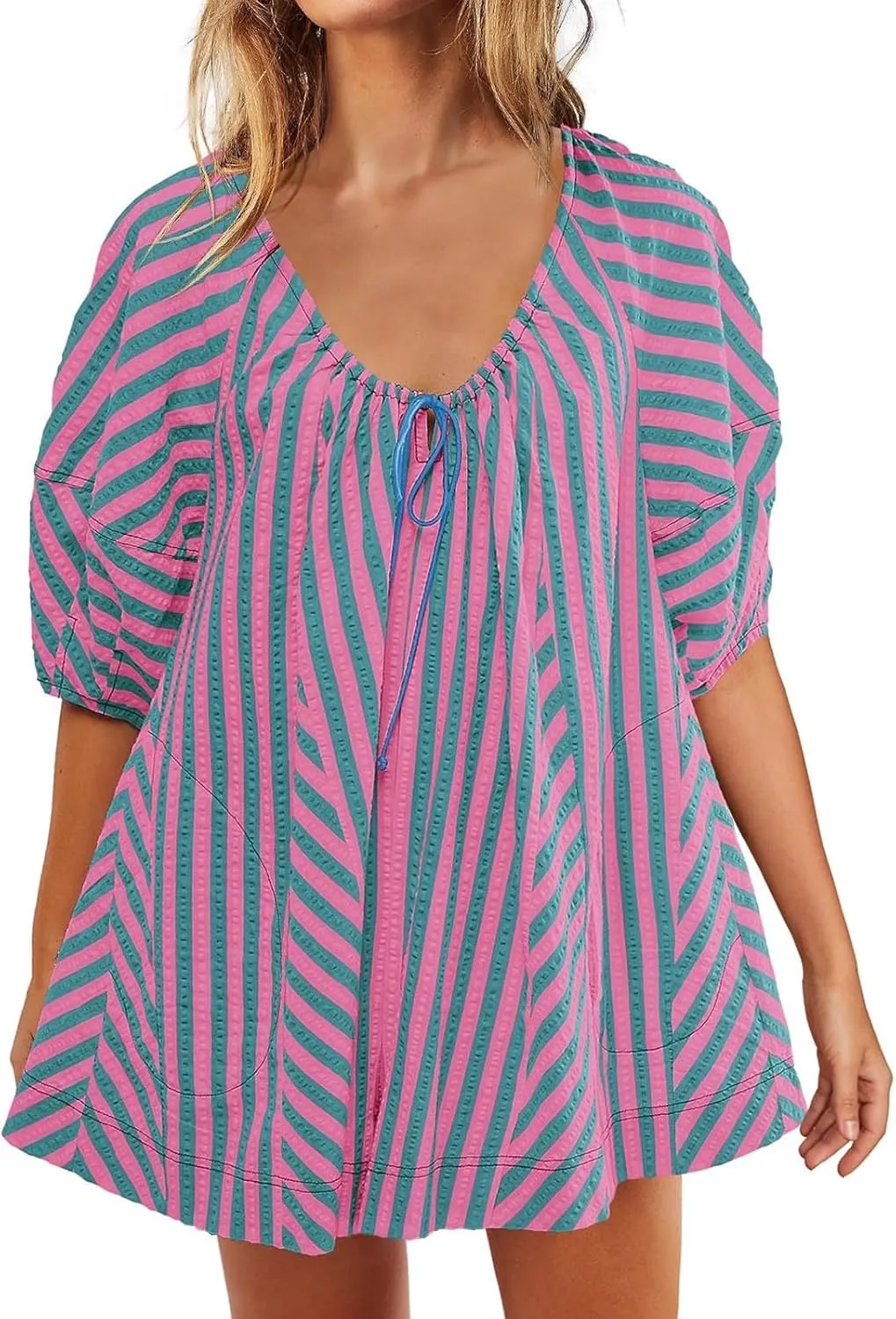 Sun Dresses for Women 2024 Casual Stripes Print Oversized Babydoll Mini Dress Short Sleeve V-Neck Lace Up Sundresses