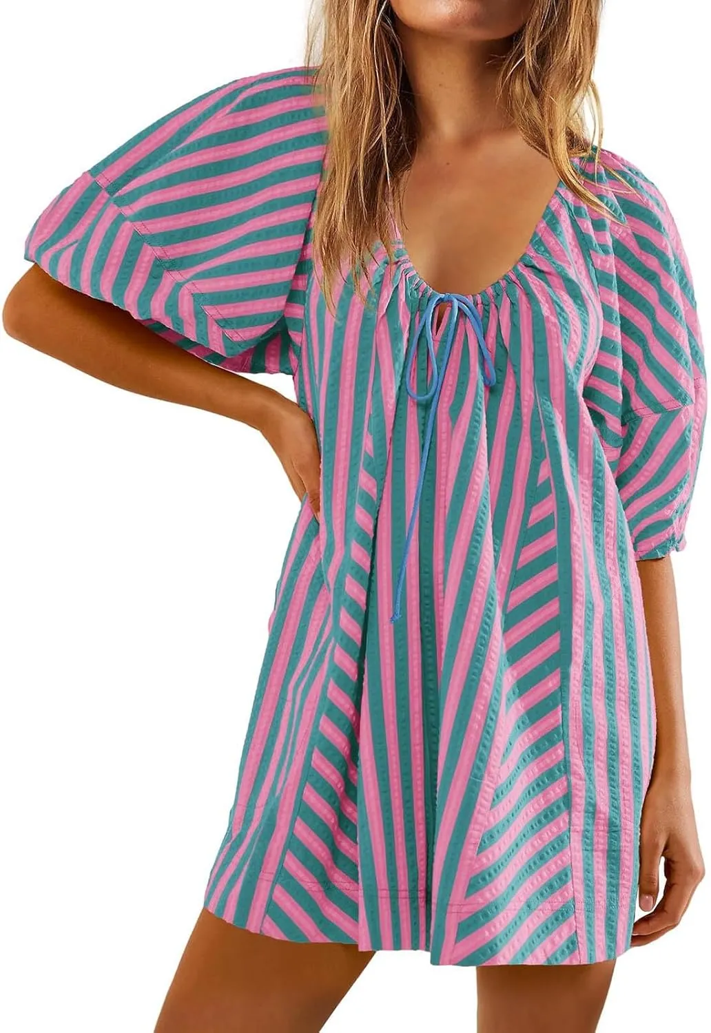 Sun Dresses for Women 2024 Casual Stripes Print Oversized Babydoll Mini Dress Short Sleeve V-Neck Lace Up Sundresses