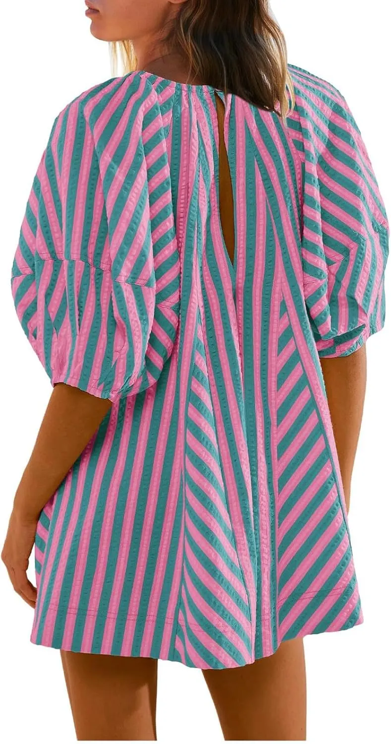 Sun Dresses for Women 2024 Casual Stripes Print Oversized Babydoll Mini Dress Short Sleeve V-Neck Lace Up Sundresses