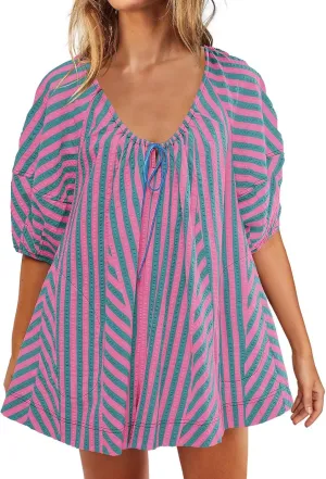 Sun Dresses for Women 2024 Casual Stripes Print Oversized Babydoll Mini Dress Short Sleeve V-Neck Lace Up Sundresses