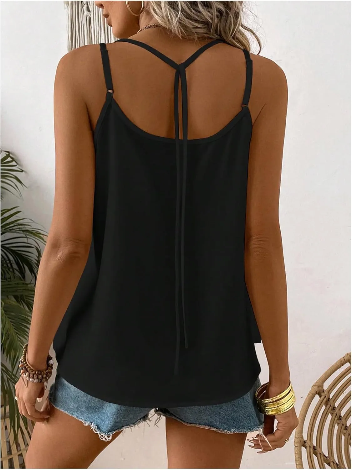 SweatyRocks Women's Ruffle Button Front V Neck Tie Back Flowy Camisole Tank Tops