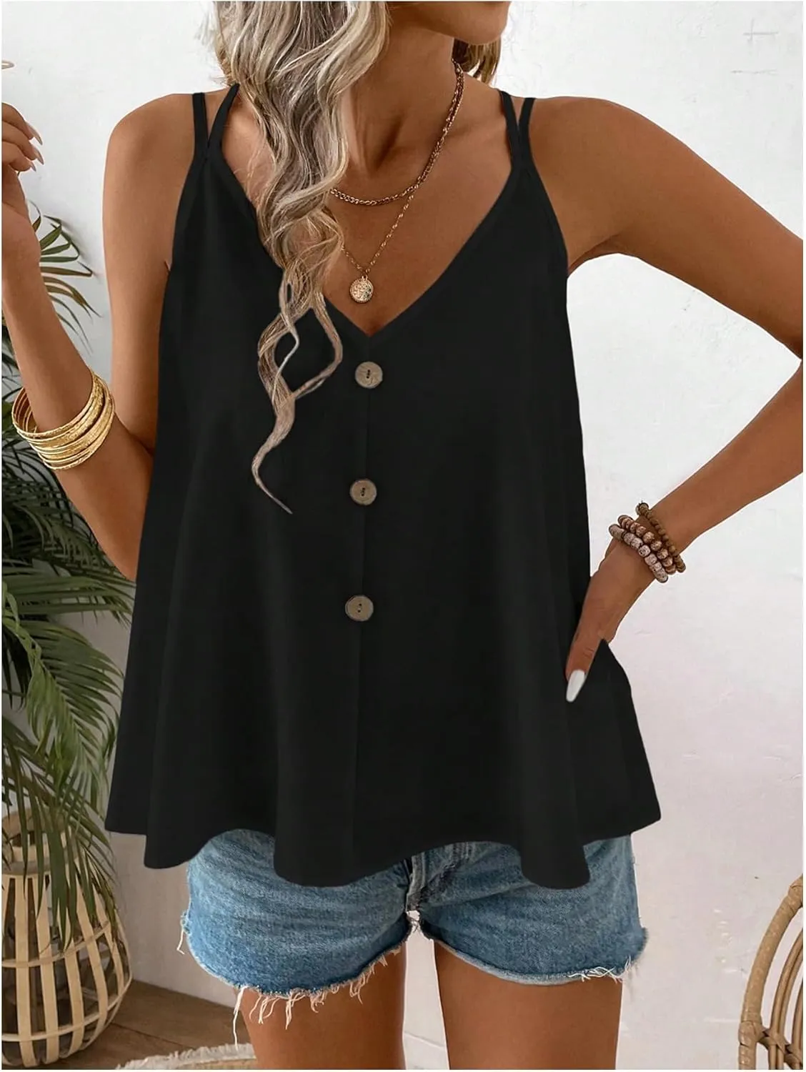 SweatyRocks Women's Ruffle Button Front V Neck Tie Back Flowy Camisole Tank Tops