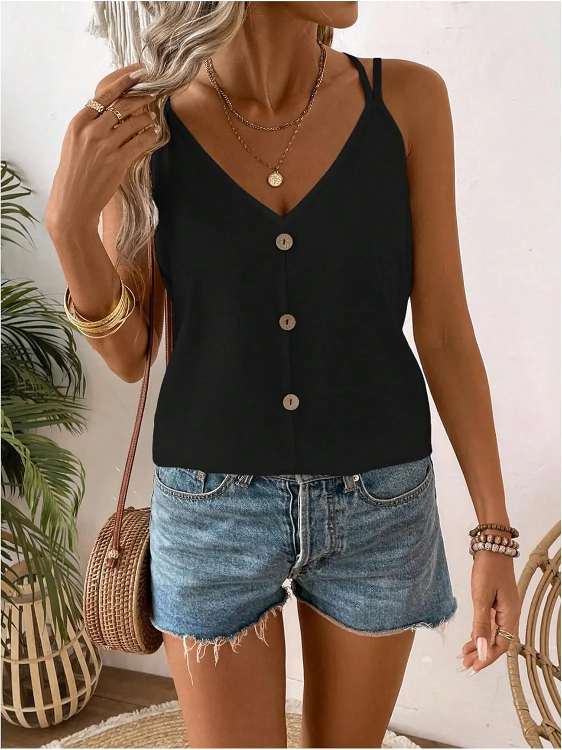 SweatyRocks Women's Ruffle Button Front V Neck Tie Back Flowy Camisole Tank Tops
