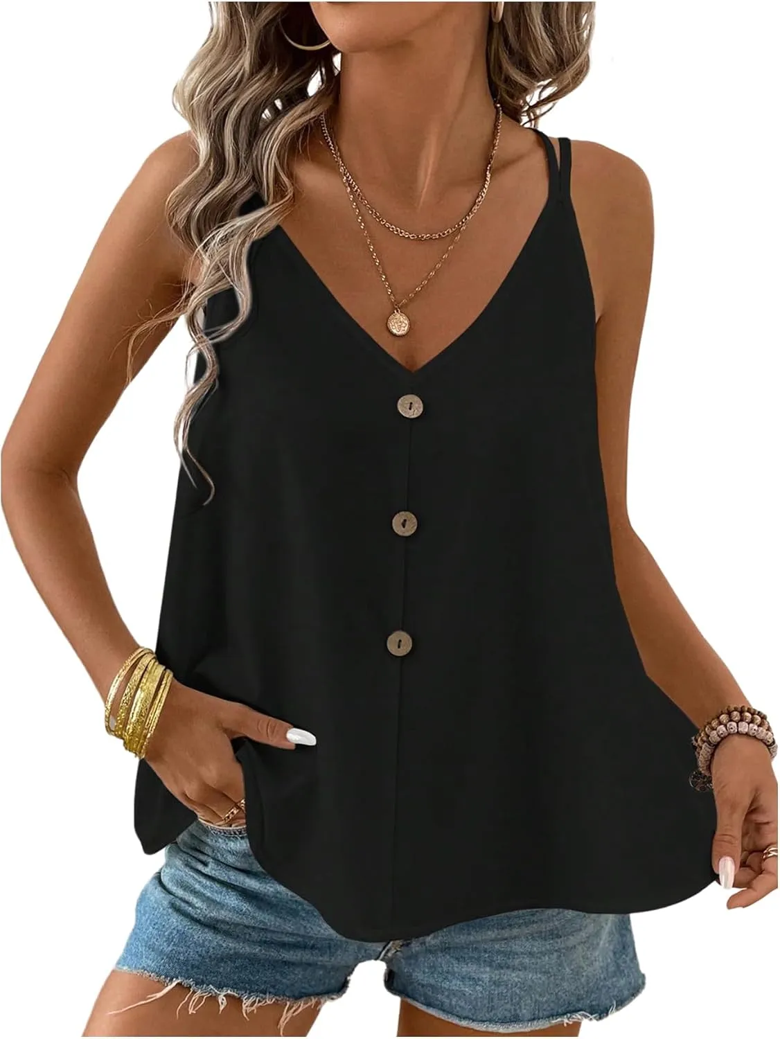 SweatyRocks Women's Ruffle Button Front V Neck Tie Back Flowy Camisole Tank Tops